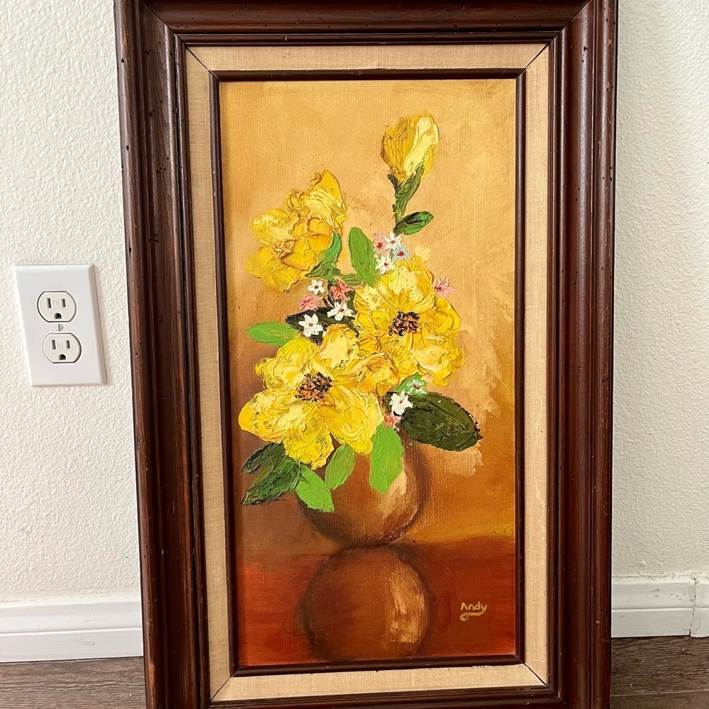Vintage Original Oil Painting of Yellow Flowers In Vase by Andy 15/26 Framed